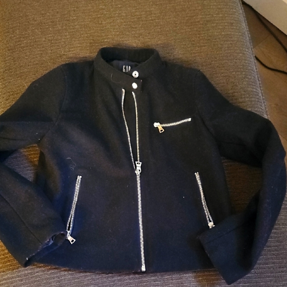 GAP Black Wool Bomber Jacket with Silver Zippers Medium